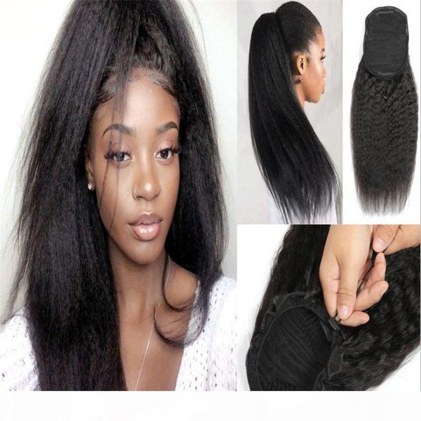 

indian human hair afro ponytail drawstring ponytail natural black color kinky curly kinky straight clip in hair extensions for women
