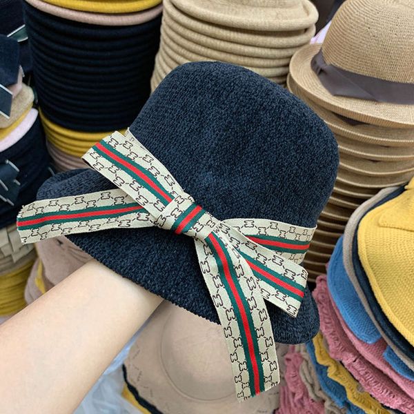 

2019 chenille bow tie new korean versatile fisherman's hat, Blue;gray