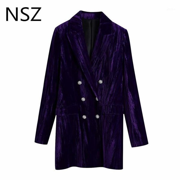 

nsz women diamond buttons double breasted velvet dress blazer long sleeve elegant fall fashion jacket ladies coat outerwear1, White;black