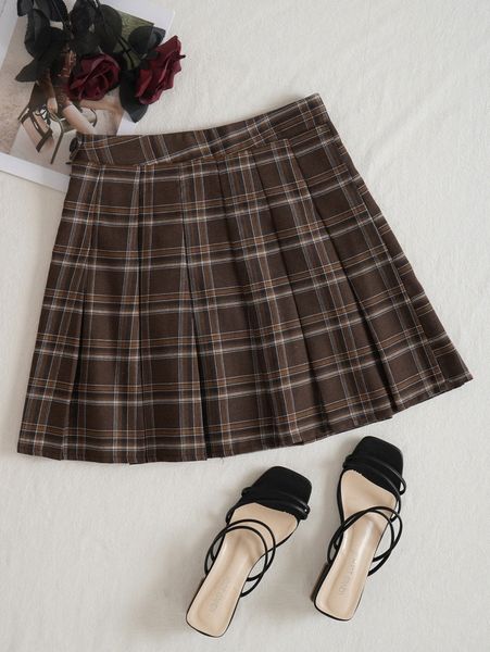 

plaid print fold pleated skirt q6ej#, Black
