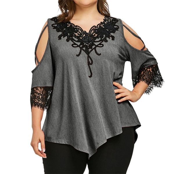 

plus size s-5xl summer womens and blouses tunic lace patchwork cold shoulder cross tee shirts half sleeve women blouses y200622, White