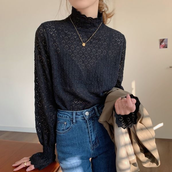 

2021 new chiffon women's solid lace shirts hollow out mock neck puff sleeves female bottom shirt see through spring clothes gfoa, White