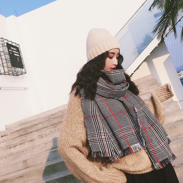 

thousand bird check scarf for women autumn and winter new brand version versatile plaid cashmere warm neck long shawl klwe, Blue;gray