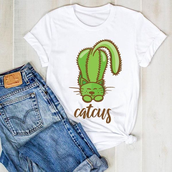 

women lady cat 90s cartoon cartoon summer cactus ladies t tee tshirt womens female shirt clothes graphic clothing t-shirt, White
