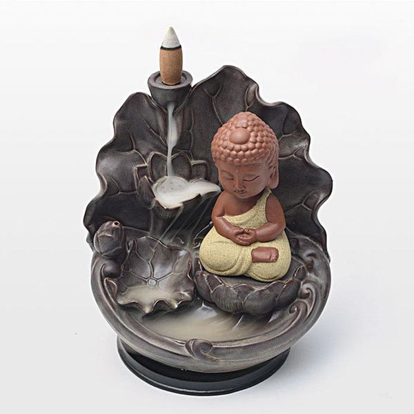 

chinese style lotus shape backflow incense burner cute buddha incense cone sticks holder buddhist home decor+ 10pcs cones1