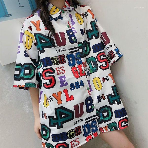 

summer thin short sleeved blouse women korean harajuku loose graffiti printing shirt ropa mujer fashion punk ladies clothes1, White