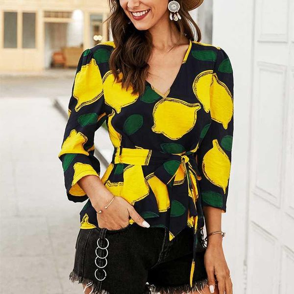 

fashion women shirt 2020 summer ladies elegant retro v neck print blouse shirt with belt womens and blouses clothing1, White
