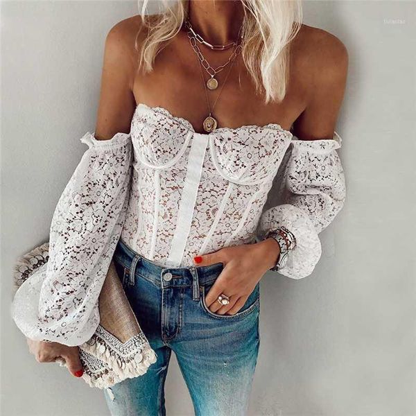 

fashion lace floral women shirt female off shoulder elegant blouse casual long sleeve shirts tunic baggy clothes1, White