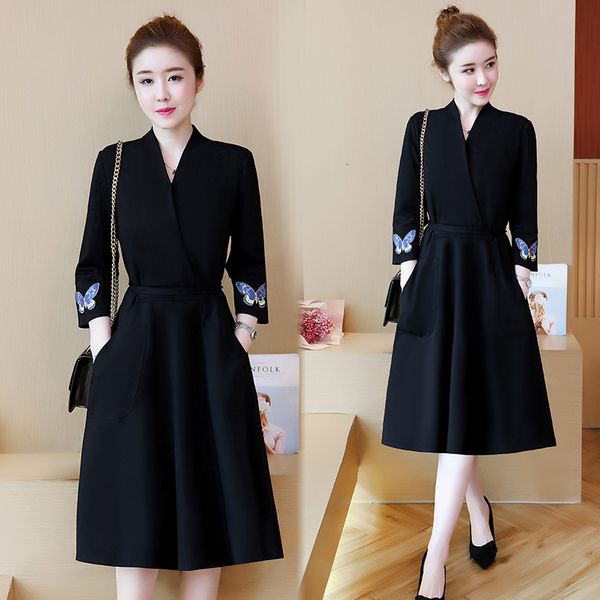 

women work of business plus size loose fat dress embroidered xl-5xl with neckline on v casual dresses aza2, Black;gray