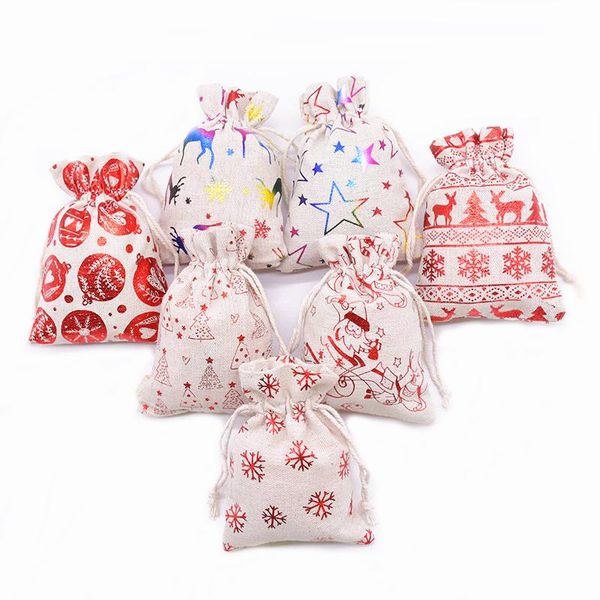 

christmas decorations 2021 drawstring gift candy bags bronzing printed cotton and linen xmas bag for home year party decoration