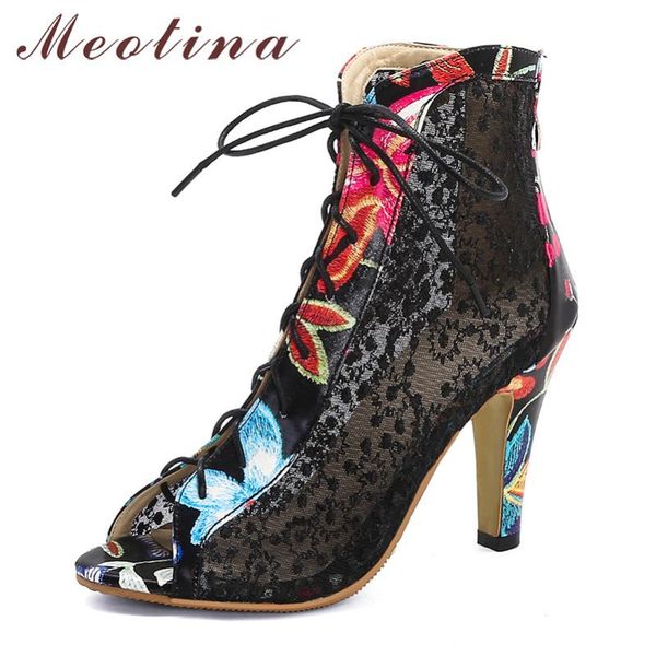 

dress shoes meotina summer boots women sandals mixed colors thin high heels party zipper peep toe lady spring plus size 33-44, Black