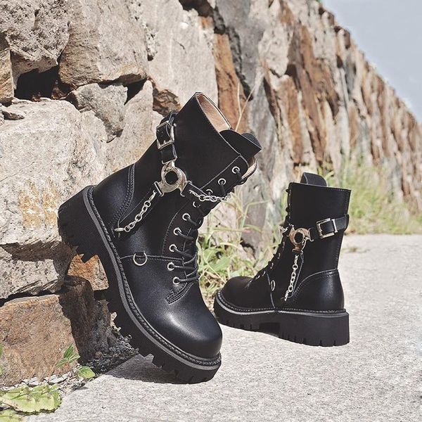 

boots handsome motorcycle women shoes metal buckle chain black ladies fashion casual ankle