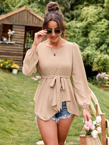 

bishop sleeve asymmetrical hem belted blouse o8mq#, White