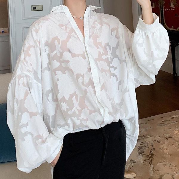 

oversize long sleeve loose casual shirt streetwear hip hop gothic punk dress shirt men translucent lace shirts male women1, White;black