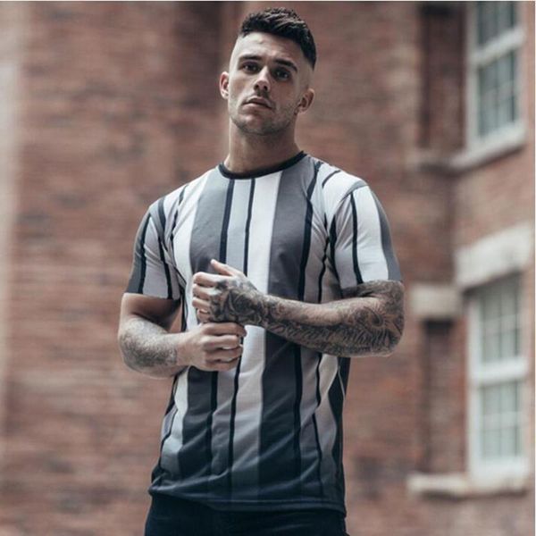 

summer new men's polyester quick-drying fashion vertical stripes hit color gradient casual sports fitness short-sleeved t-shirt, White;black