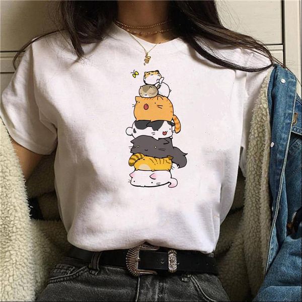 

summer cartoon cats printed tee funny harajuku female t shirt korean short sleeves kawaii streetwear shirts, White