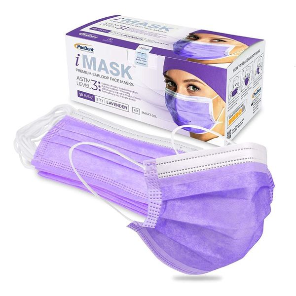 

face premium level imask pac-dent disposable astm 3 masks, 50-pack, lavender