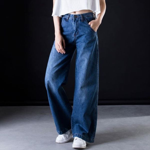 

plus size wide leg jeans women casual bell bottom jeans high waist full length trousers boyfriend baggy flare denim pants c549, Blue