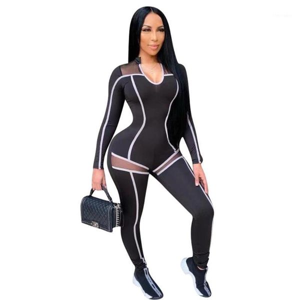 

women's jumpsuits & rompers mesh bodysuit patchwork jumpsuit women black one piece outfit bodycon long sleeve clubwear1, Black;white