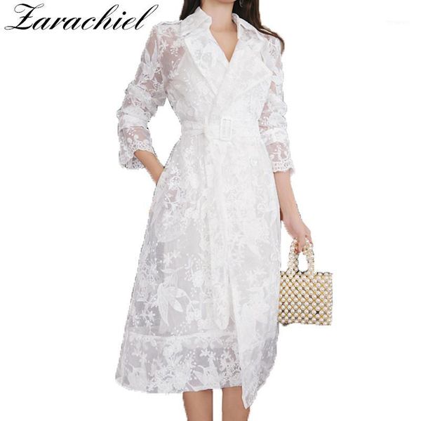 

new lace trench coat for women autumn long sleeve notched collar self belted flower embroidery long cardigans casual trench coat1, Tan;black