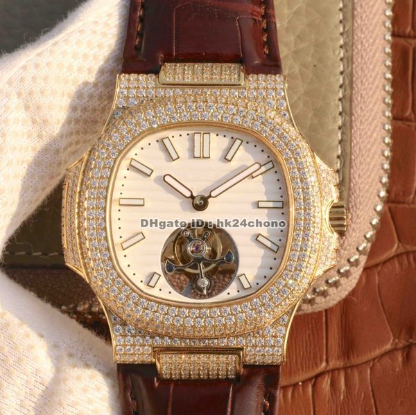 

r8f nautilus 5711 18k gold diamonds case real tourbillon mechanical hand-winding mens watch white dial leather strap sports gents watches, Slivery;brown