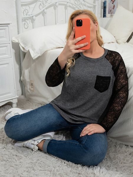 

plus contrast lace raglan sleeve tee w7ge#, Black