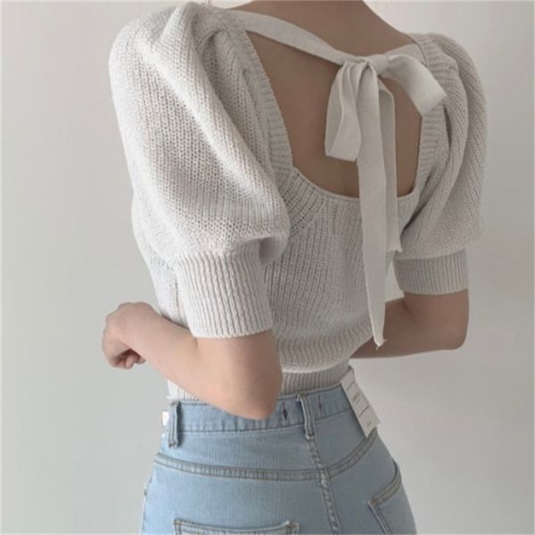

2021 new women's knitting solid square neck hollow back half sleeve puff mesh sweater fall vnxz, White;black