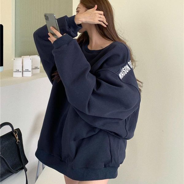 

korean version pullover loose autumn and winter letter lazy the new long sleeve round neck overcoat, Black