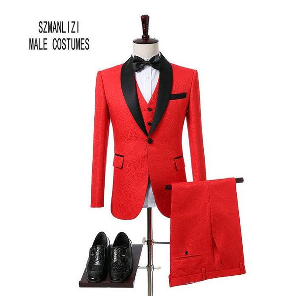

3 piece suits men 2021 groomsmen slim fit shawl lapel red flower wedding dress suits men's tuxedo groom party suit costume homme, White;black