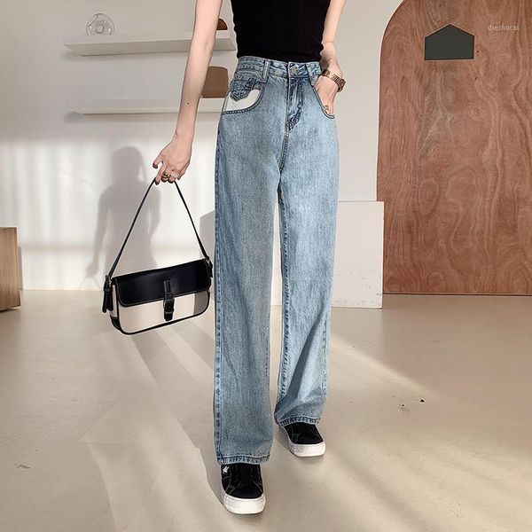 

straight women denim pants full length wide leg street style trendy trousers high waist loose casual jeans light blue trend1