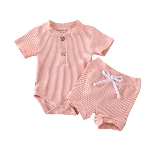 

newborn baby summer clothing infant baby boy girls 0-24m solid short sleeve button bodysuit shorts outfits cotton clothing 2pcs1, White