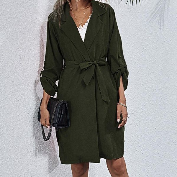 

rolled sleeves sashes suit collar women trench solid split belt slim long female trenches 2021 autumn fashion ladies casual coat, Tan;black