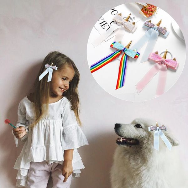 

fashion baby girl unicorn bow hairbands kids princess sequin hair-ribbons cute children hair accessories, Slivery;white