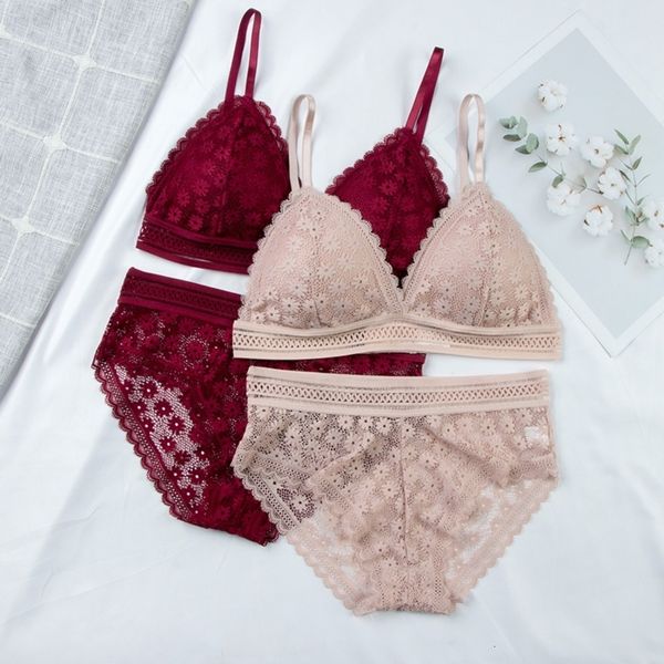 

2021 women lace seamless underwear backless vest padded bralette lingerie ultrathin bra & brief sets female intimates, Red;black