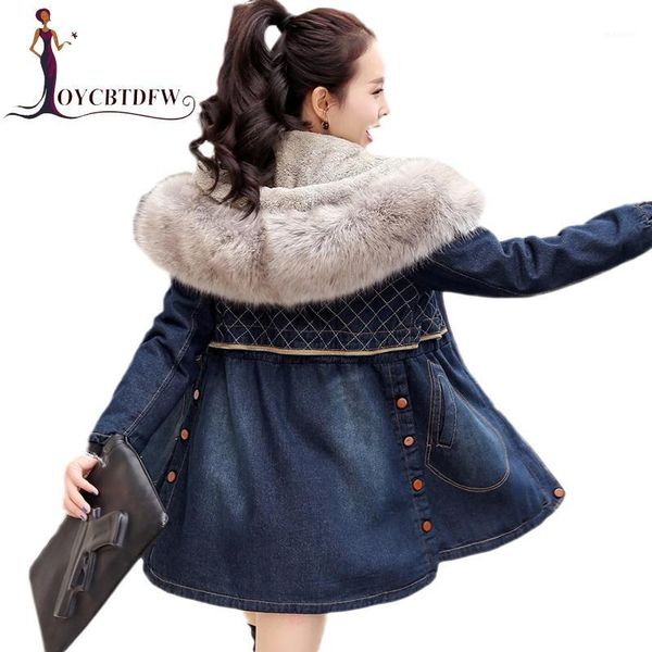 

2017 winter new mid-long section thickened denim coat loose cotton jacket female hooded fur collar jacket dd0661, Tan;black