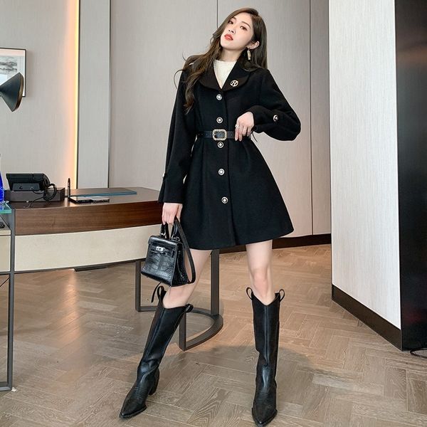 

пальто женских 2020 осенью и зимой новый темперамент талии был тоньше hepburn стиль черные шерстяные пальто женщины, Black