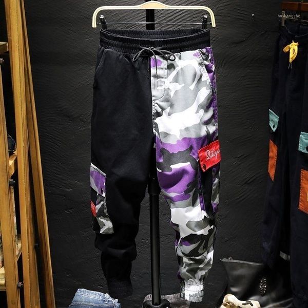 

cargo pants camouflage men patchwork hip hop loose joggers pocket streetwear ankle length trousers1, Black