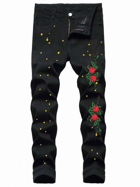 

romwe guys graphic print floral embroidery jeans o2sx#, Blue