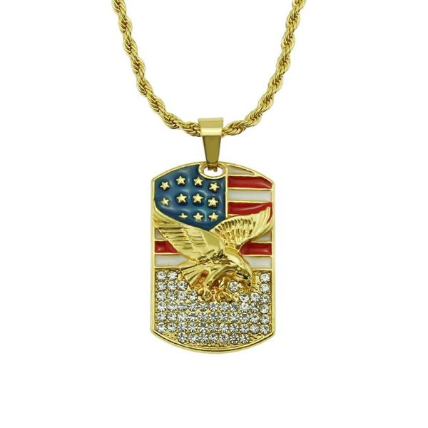 

pendant necklaces hip hop rhinestones paved bling iced out eagel american flag square pendants necklace for men rapper jewelry drop, Silver