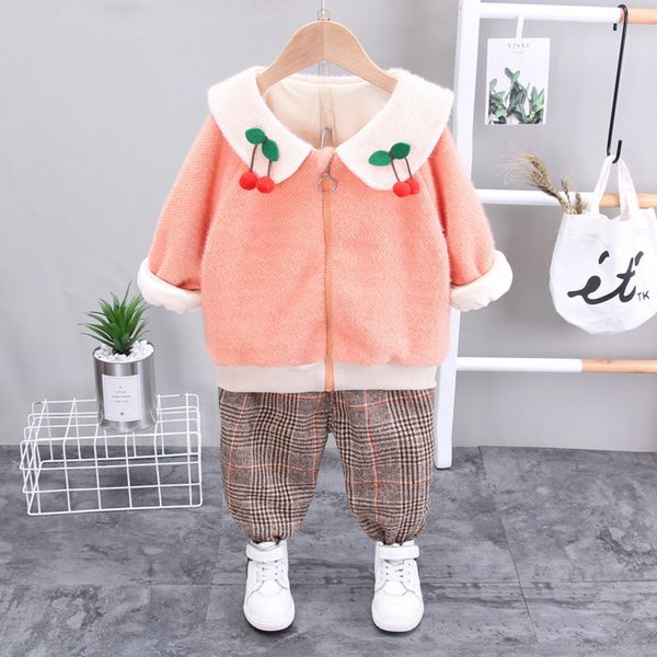 

baby girl clothes winter clothing sets for baby girls sweet outfits toddler zipper cherry coat + pants 2pc set baby girl clothesx1019, White