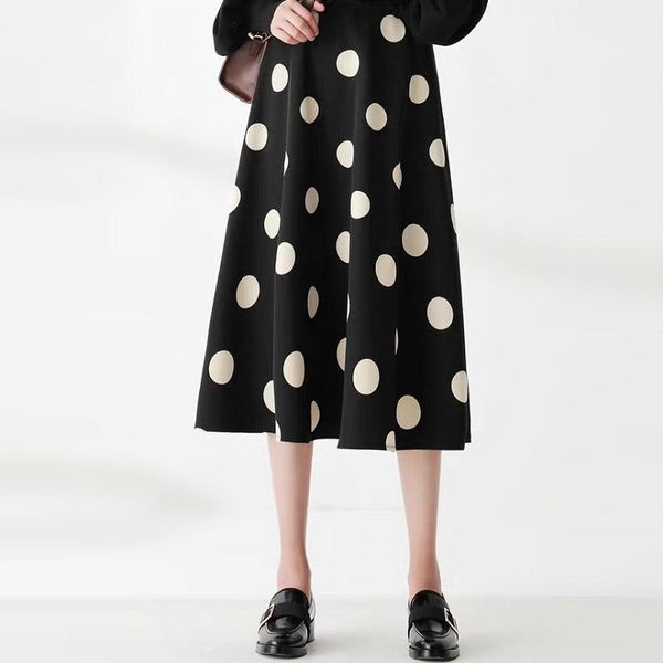 

fall winter retro white polka dot black skirt autumn office lady work high street england preppy style elastic waist long skirts1