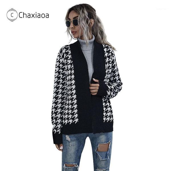 

chaxiaoa 2020 fall winter loose long sleeve houndstooth cardigan v neck sweater jacket woman clothes korean trendy sweater x3331, White