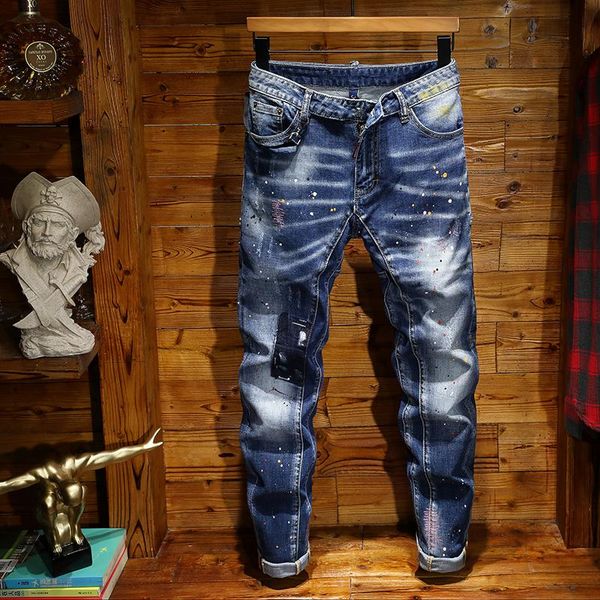 

fashion men jeans mens slim casual pants elastic trousers light blue fit loose cotton denim brand jeans for male