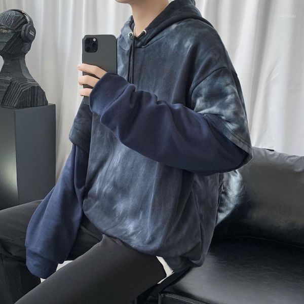 

2020 fashion men hoodie sweatshirts winter tie dye fake two hooded jacket men's hoodies hip hop tracksuit, Black