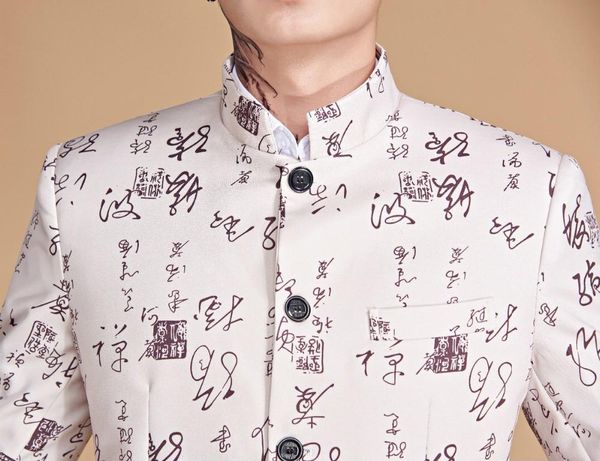 

men's suits & blazers mens plus size 5xl chinese characters print tunic suit stand collar costume male fashion casual wedding singers t, White;black