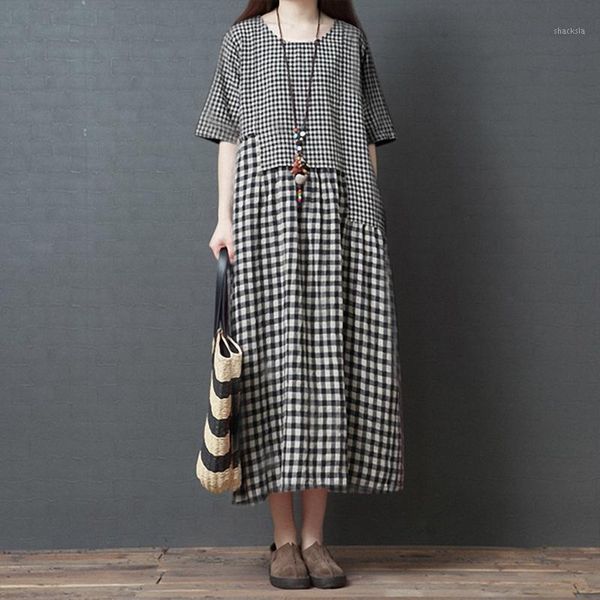 

women's fashionable comfortable cotton and linen plaid dress1, White;black