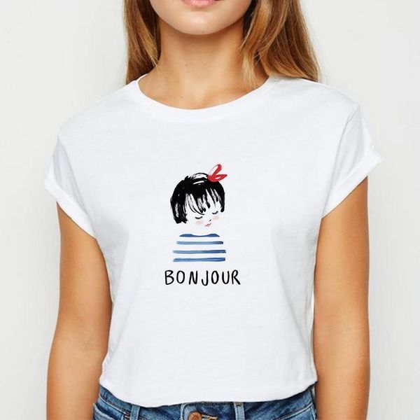 

new t shirt women modern girls bonjour tshirt oversize spring summer vestidos women's shirt easy matching o-neck t-shirts, White