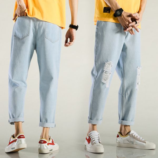 

spring and summer men's perforated fashion leisure youth loose straight jeans capris, Blue