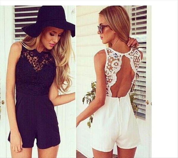 

1pcs lot woman casual beach jumpsuit solid patchwork short romper lace loose backless romper black and white, Black;white