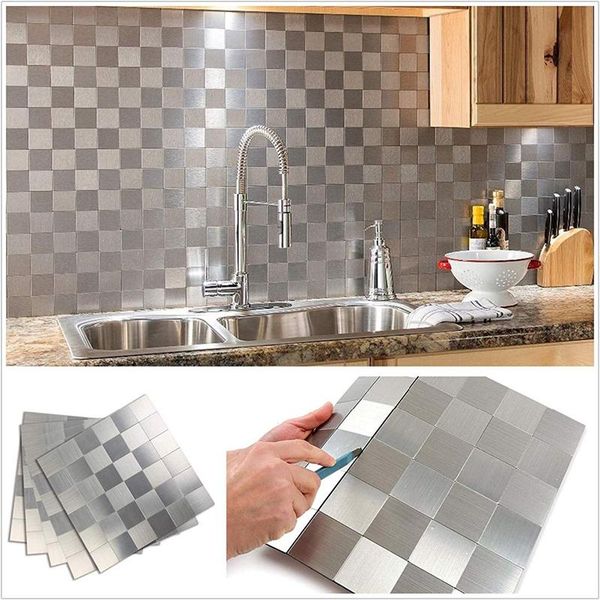 

peel and stick tile backsplash stainless steel tile for kitchen wall decor aluminum surface metal silver square plaid